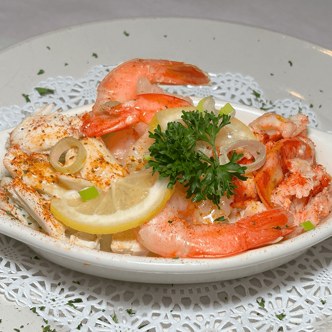 Trio recipe served on a plate, by Angie's Seafood
