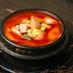 Ham & Sausage Soon Tofu recipe served on a plate, by Buk Chang Dong Soon Tofu(Sheppard)북창동순두부