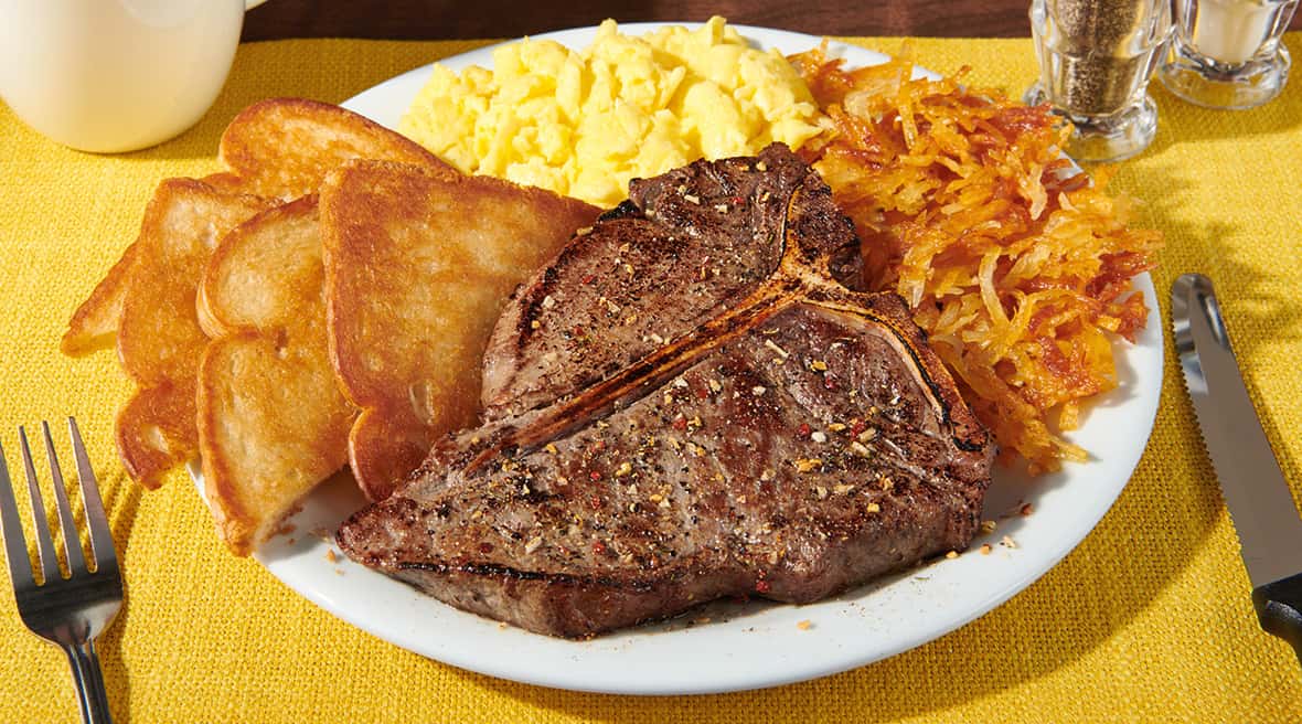 T-Bone Steak & Eggs recipe served on a plate, by Denny's