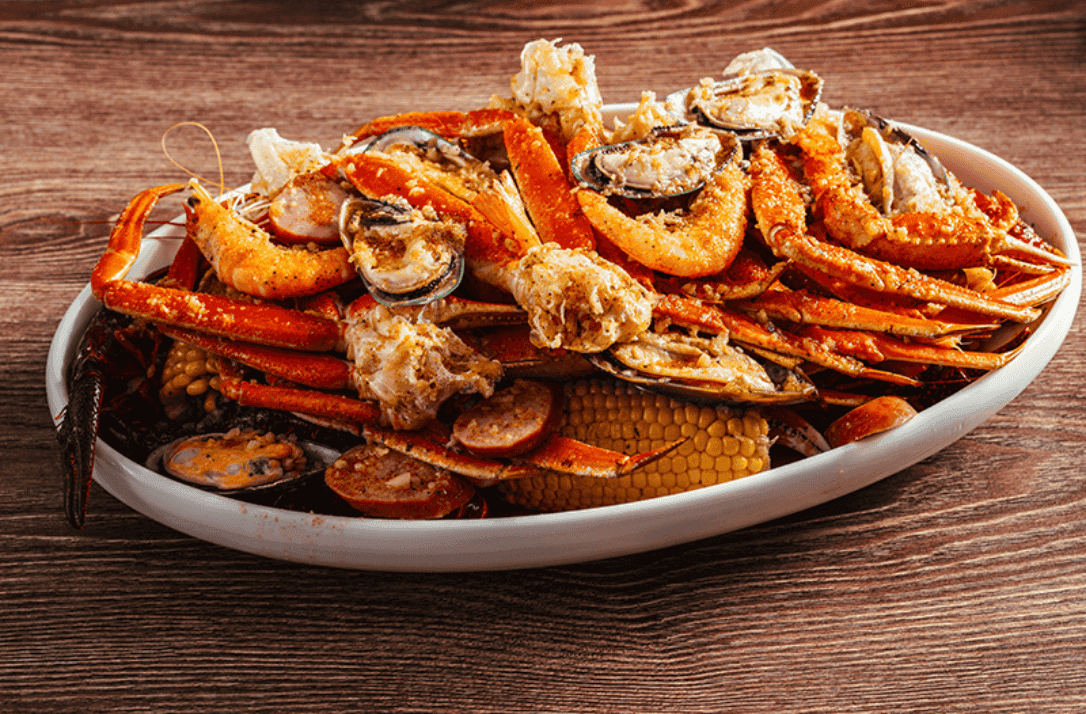 Cajun Seafood recipe served on a plate, by Umi Sushi & Seafood Buffet