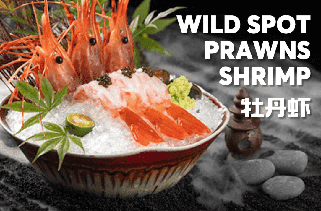 Wild Spot Prawns recipe served on a plate, by Umi Sushi & Seafood Buffet