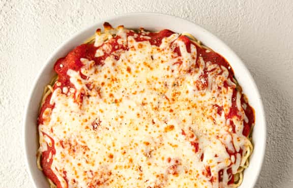 Baked Spaghetti recipe served on a plate, by Fazoli's