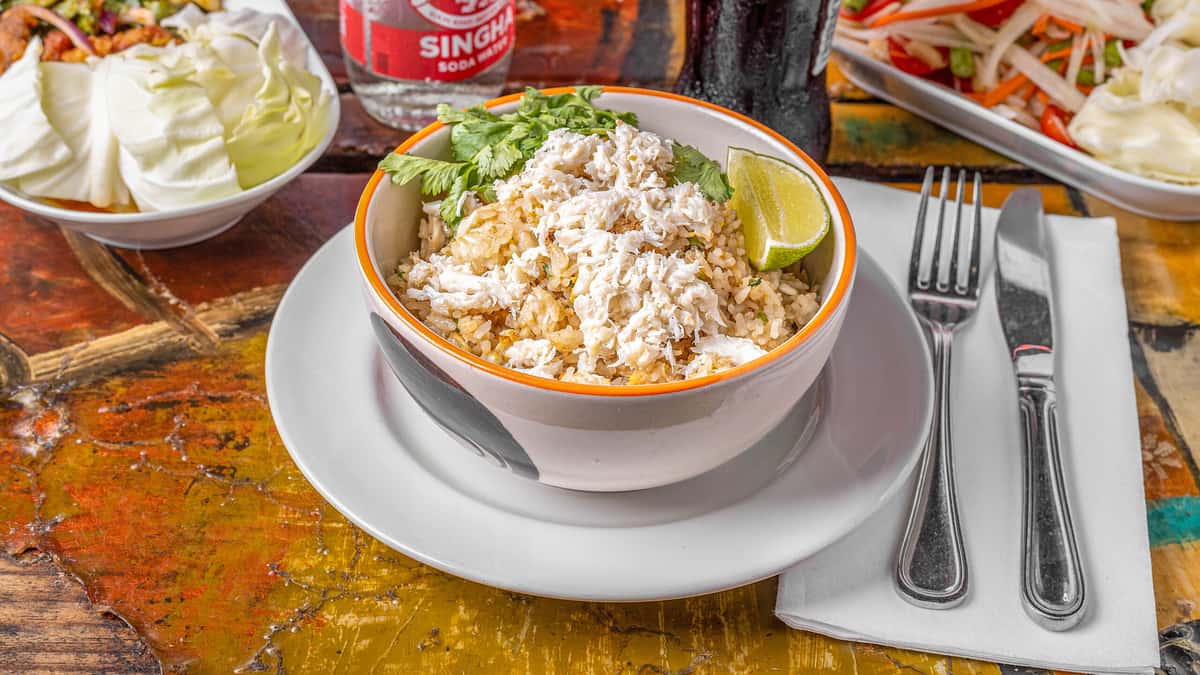 Crab Fried Rice recipe served on a plate, by Lung Yai Thai Tapas