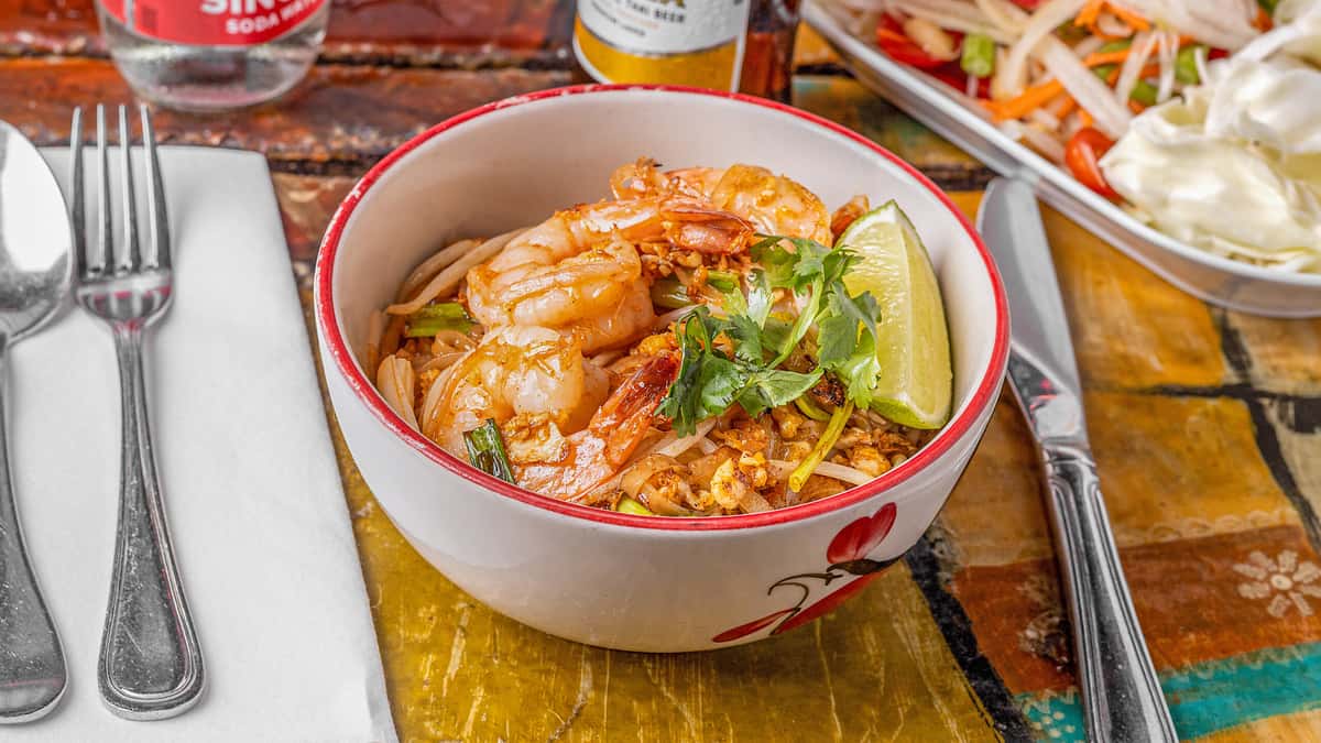 Pad Thai Shrimp recipe served on a plate, by Lung Yai Thai Tapas