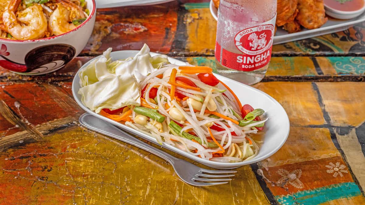 Papaya Salad recipe served on a plate, by Lung Yai Thai Tapas