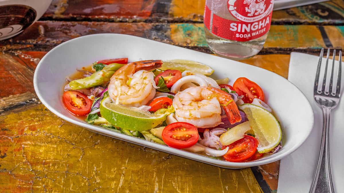 Spicy Shrimp and Calamari Salad recipe served on a plate, by Lung Yai Thai Tapas