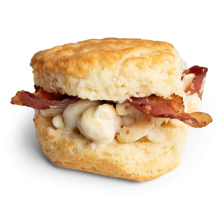 Cheesy Mac & Bacon recipe served on a plate, by Rise Southern Biscuits & Righteous Chicken - Nashville Downtown