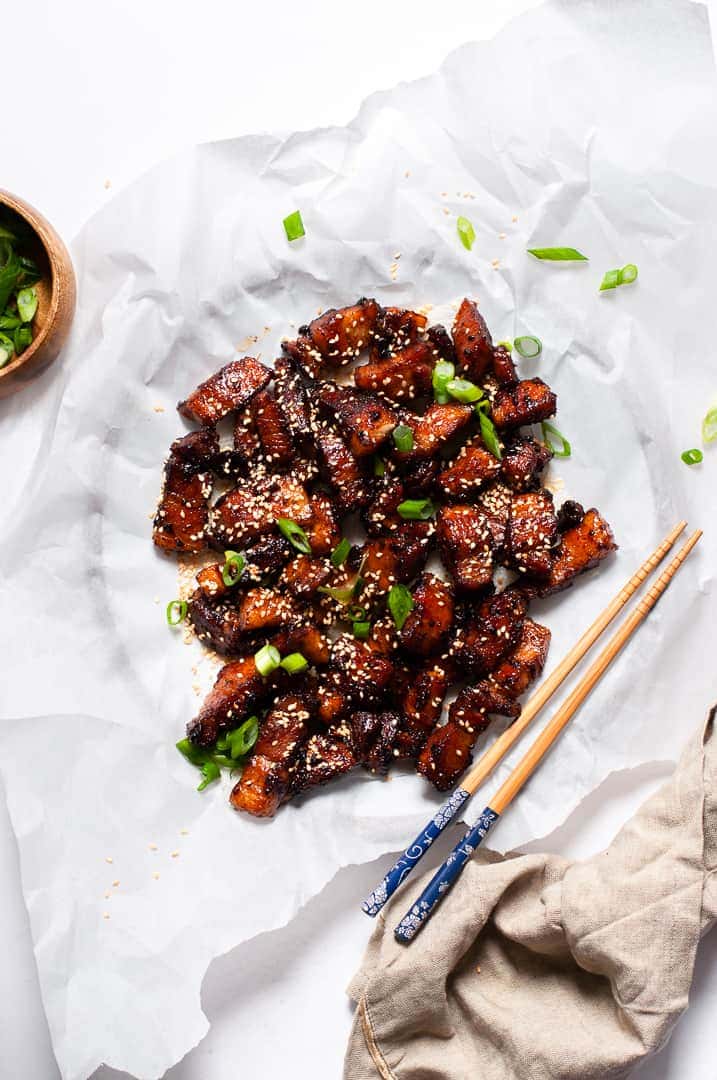 Charred Sakura Farms Pork Belly recipe served on a plate, by Marilena