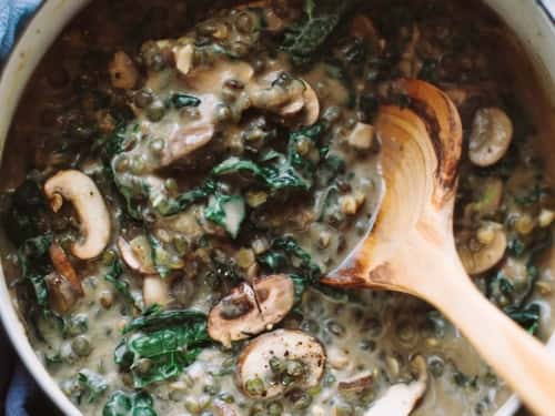 STEWED MUSHROOMS & LENTILS recipe served on a plate, by Bodega Bar