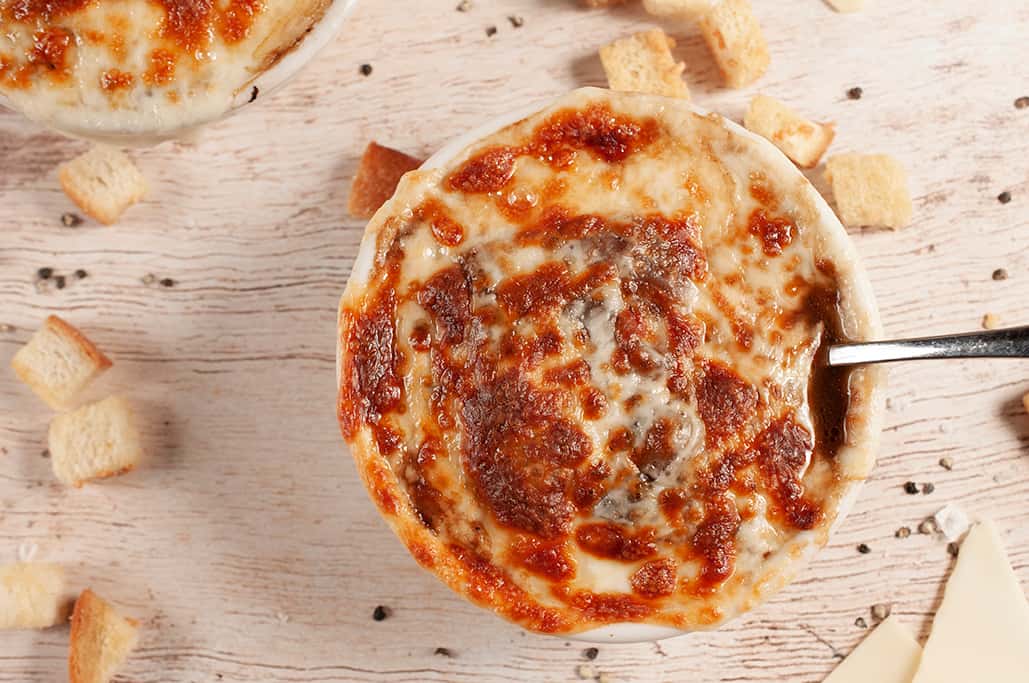 French Onion Bowl recipe served on a plate, by The Moot House