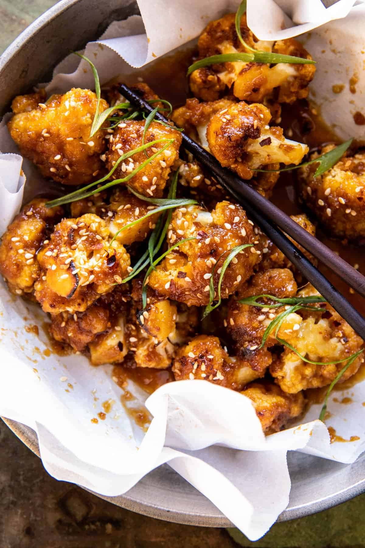 Orange Glazed Cauliflower recipe served on a plate, by Superflux {Cabana}
