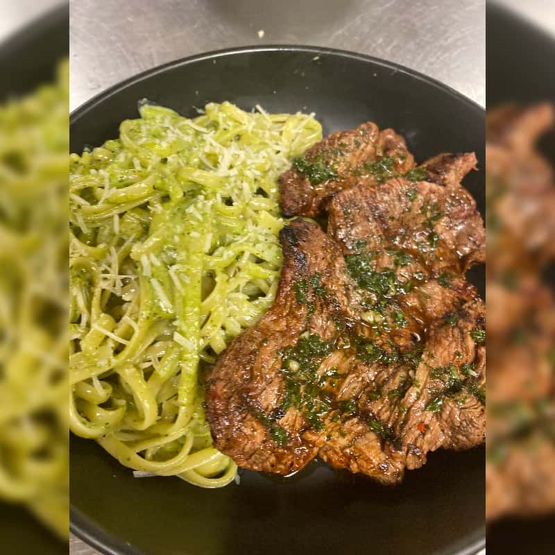 Inkagrill Linguini Verde con Bistec recipe served on a plate, by Inka Grill Peruvian Cuisine Inkagrill Linguini Verde con Bistec recipe served on a plate, by Inka Grill Peruvian Cuisine