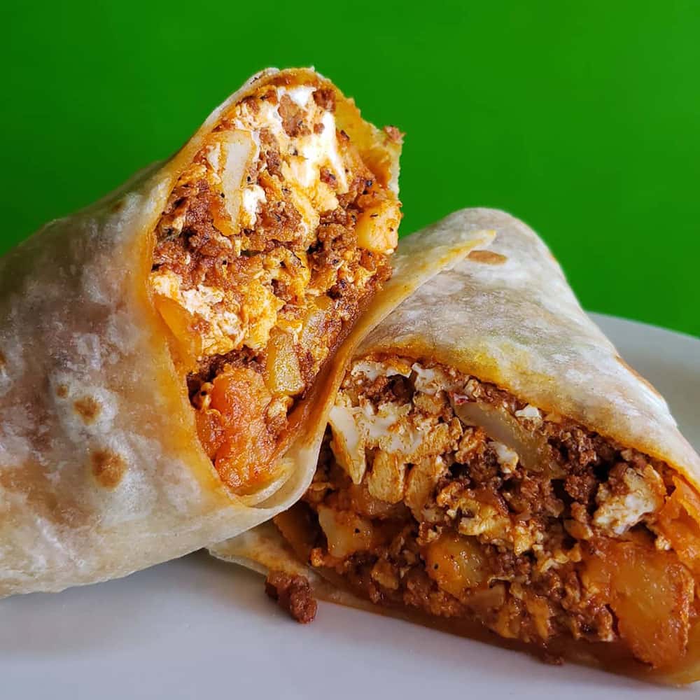 Chorizo Breakfast Burrito recipe served on a plate, by Mangos Mexican Cafe