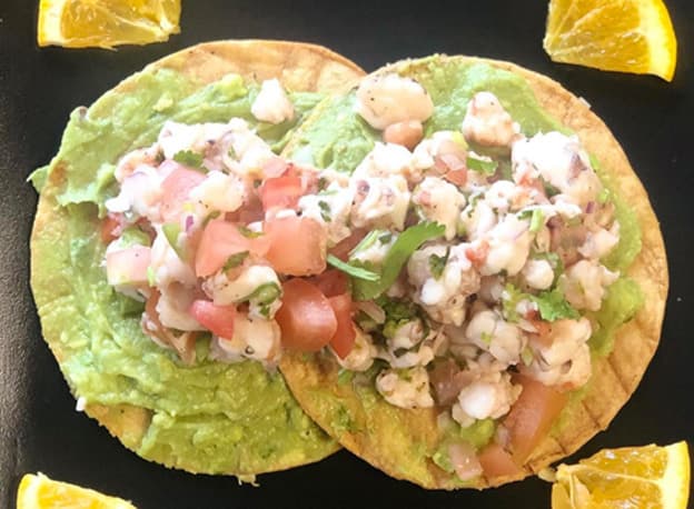 Tostadas de Camarón recipe served on a plate, by Casa Villa Restaurant