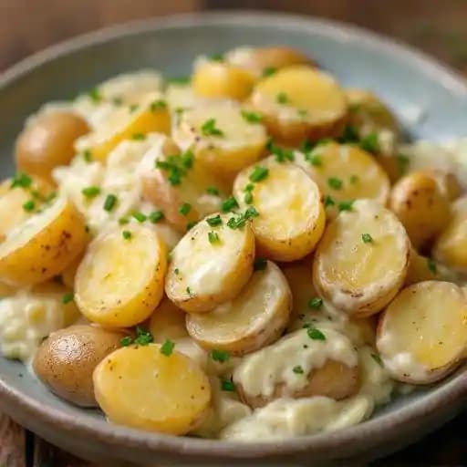 Creamed Fingerling Potatoes recipe served on a plate, by Richmond Station Creamed Fingerling Potatoes recipe served on a plate, by Richmond Station