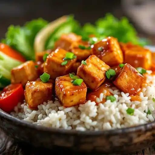 Spicy Tofu Teriyaki recipe served on a plate, by Teriyaki Madness
