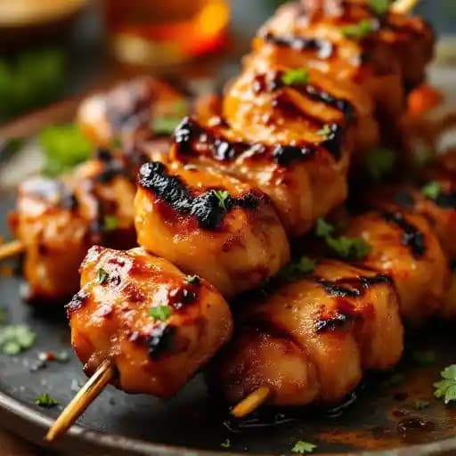 Bourbon Chicken Skewers recipe served on a plate, by Bourbon Chicken Bourbon Chicken Skewers recipe served on a plate, by Bourbon Chicken