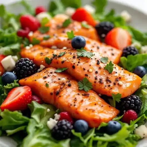 Salmon Berry Salad recipe served on a plate, by Piedmont Bistro by Venue