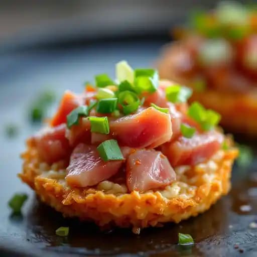 Crispy Rice Cake recipe served on a plate, by Blue Sushi Sake Grill