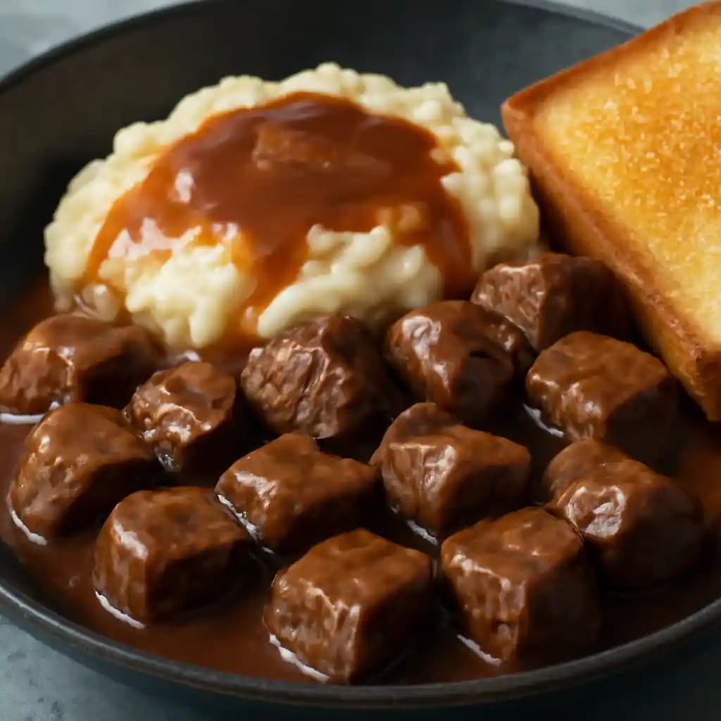 Tenderloin Steak Bites Dinner Skillet recipe served on a plate, by Sickies Garage Burgers & Brews Tenderloin Steak Bites Dinner Skillet recipe served on a plate, by Sickies Garage Burgers & Brews