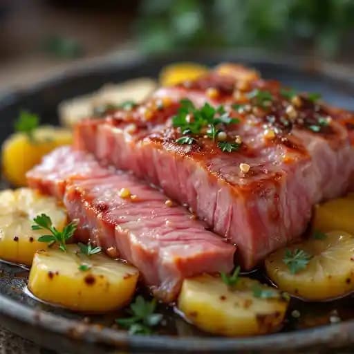Hawaiian Pork Belly 하와이안 삼겹살 recipe served on a plate, by Gen Korean BBQ House
