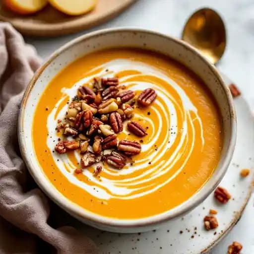 Roasted Butternut & Apple Soup recipe served on a plate, by B.GOOD Roasted Butternut & Apple Soup recipe served on a plate, by B.GOOD