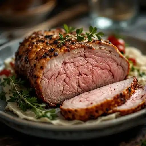 Porchetta (pork) recipe served on a plate, by Street Porchetta (pork) recipe served on a plate, by Street