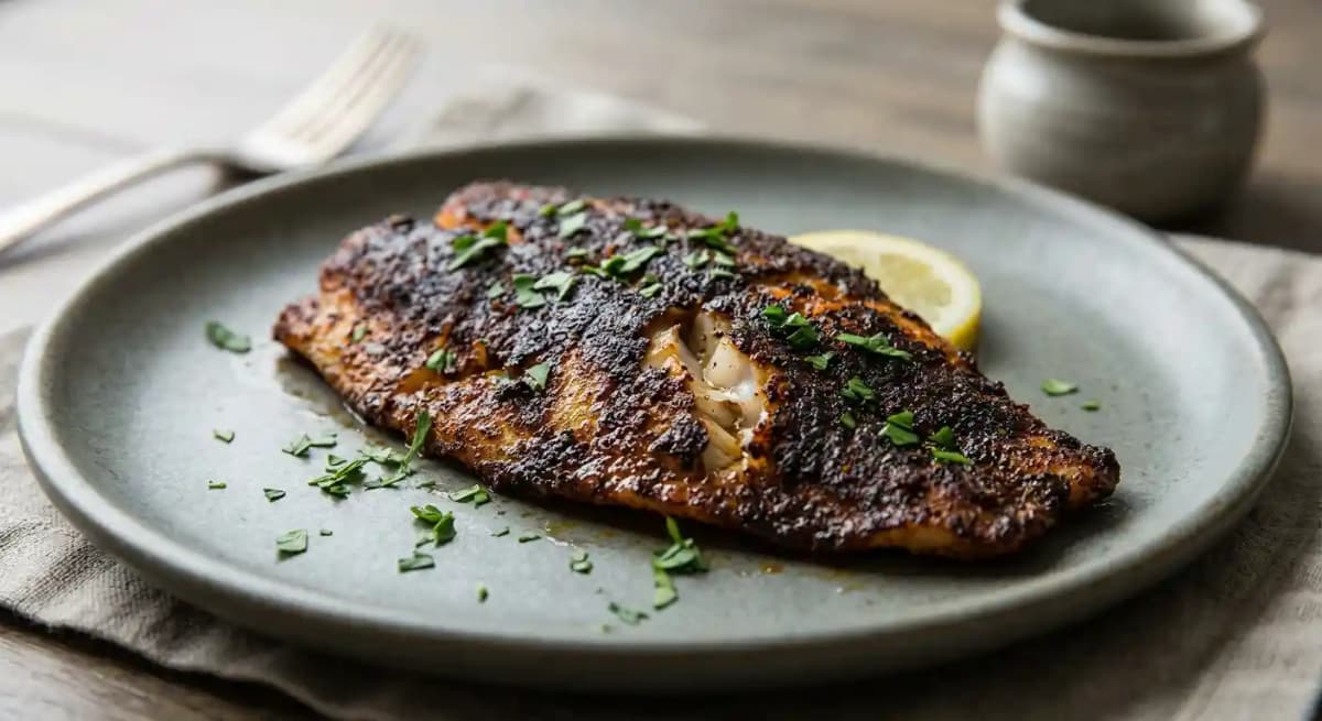 Cajun Blackened Catfish recipe served on a plate, by Krewe of McGinley Square