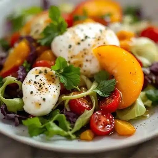 Peach Burrata Salad recipe served on a plate, by Cavany Foods: Healthy lunch & dining restaurant in Jersey City. Peach Burrata Salad recipe served on a plate, by Cavany Foods: Healthy lunch & dining restaurant in Jersey City.