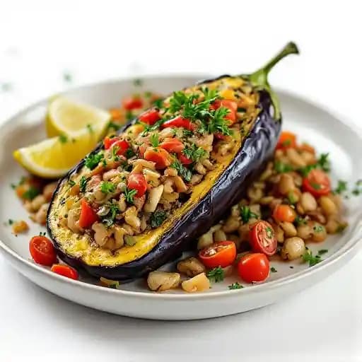 Imambayildi (Stuffed Eggplant) recipe served on a plate, by Toros