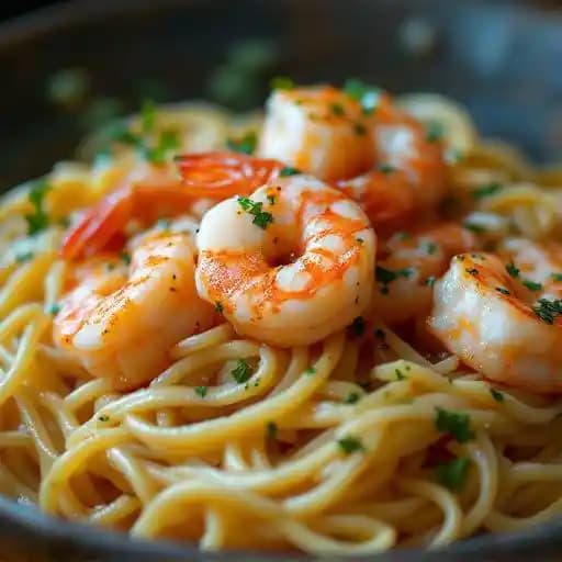 Shrimp or Scallop Scampi recipe served on a plate, by The Pasta Villa