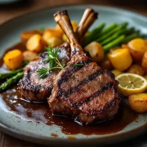 Wood-Fire Grilled Lamb Chops recipe served on a plate, by Green Valley Grill