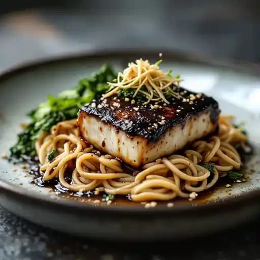 MISO GLAZED BLACK COD recipe served on a plate, by Restaurant e18hteen