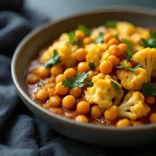 Chickpea and Cauliflower Curry recipe served on a plate, by Wild Ginger McKenzie Chickpea and Cauliflower Curry recipe served on a plate, by Wild Ginger McKenzie