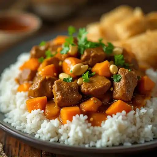MASAMAN CURRY BEEF W/ DEEP FRIED SPRING ROLL recipe served on a plate, by Talay Thai Restaurant (Halifax)