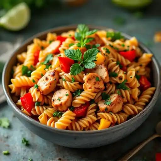 CHICKEN RASTA PASTA BOWL recipe served on a plate, by Yo Chef Surf and Turf Smokehouse CHICKEN RASTA PASTA BOWL recipe served on a plate, by Yo Chef Surf and Turf Smokehouse