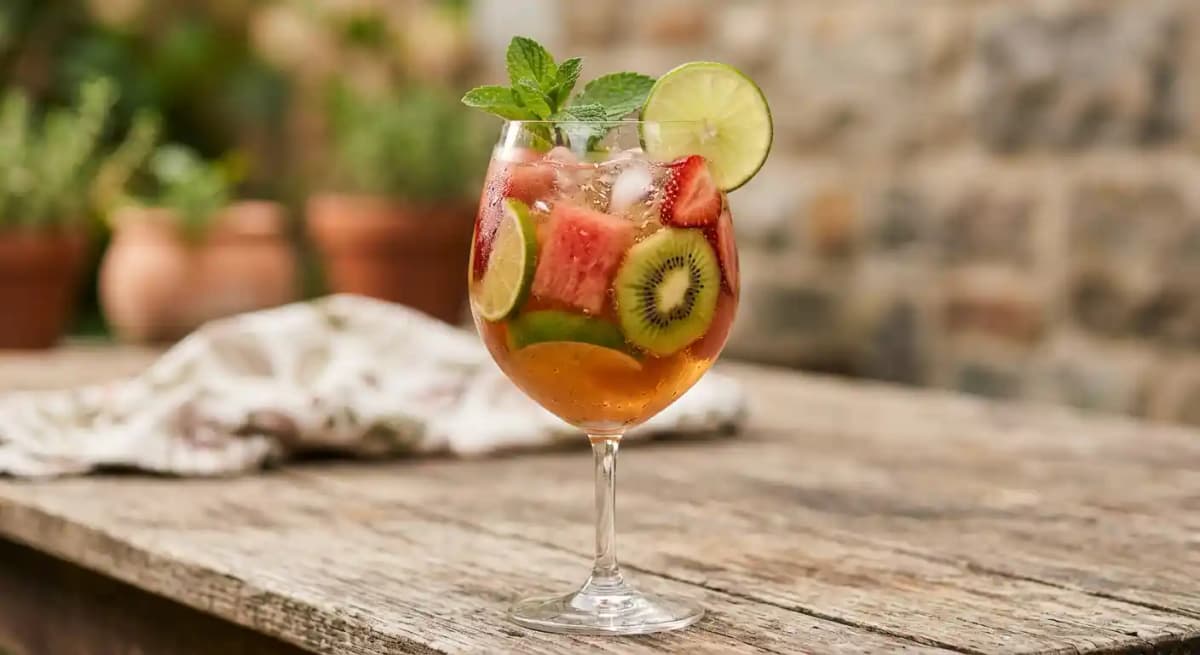 Summer Tan Sangria recipe served in a glass, by Culinary Dropout