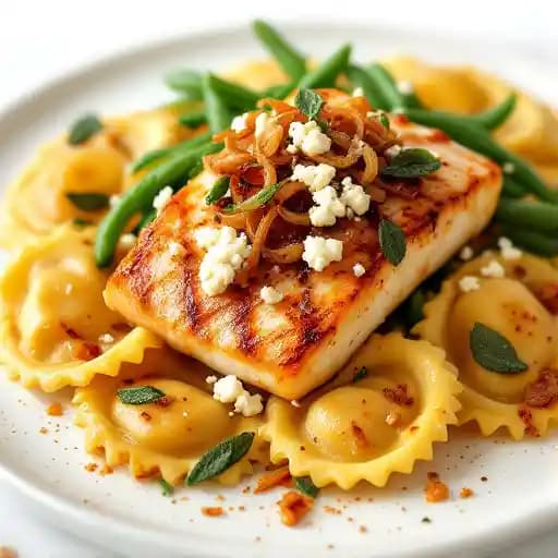 Swordfish and Pumpkin Ravioli recipe served on a plate, by Bonefish Grill