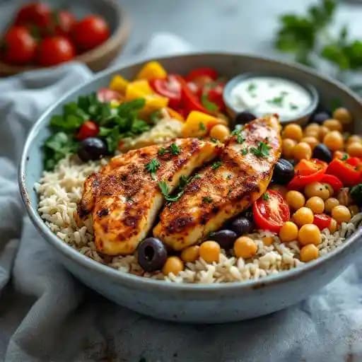 Mediterranean Bowl recipe served on a plate, by JOEY DTLA