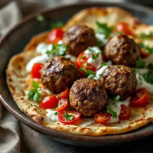 Mediterranean Spiced Lamb Meatballs recipe served on a plate, by Mister A's