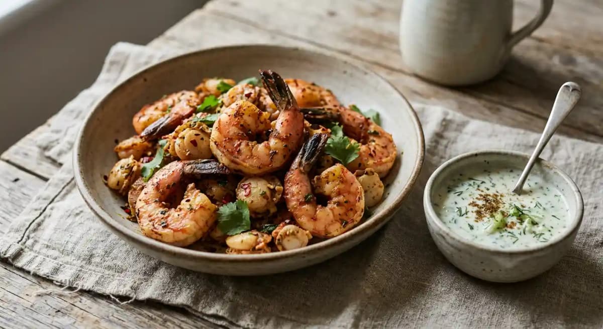 Amritsari Pink Shrimps & Queenies, Dill Raita
