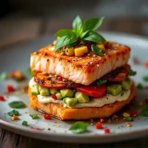 Plum Wine Salmon Napoleon recipe served on a plate, by San Francisco Kitchen