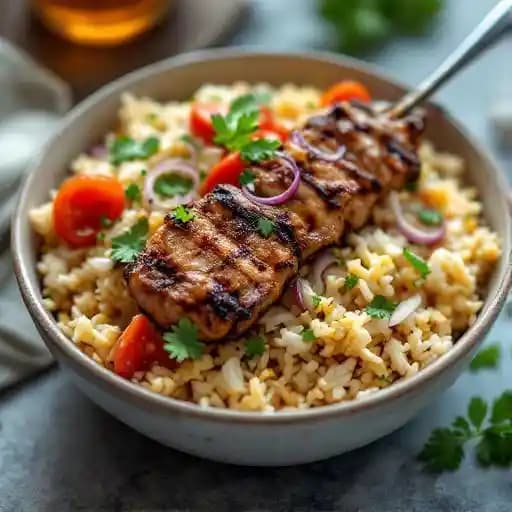 Rice Bowl With Lamb Souvlaki recipe served on a plate, by Main Street Gyro Rice Bowl With Lamb Souvlaki recipe served on a plate, by Main Street Gyro