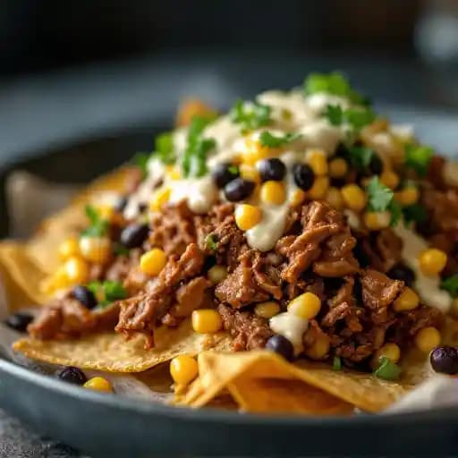 MOJO PORK NACHOS recipe served on a plate, by Hub 41
