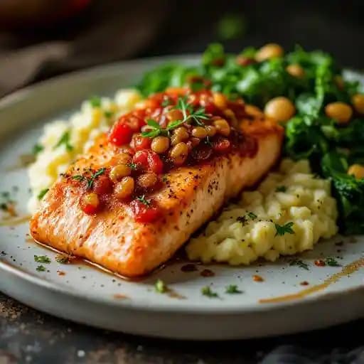 Tomato Jam Crusted Salmon recipe served on a plate, by Leunig's Bistro
