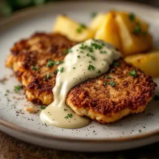 Crispy Pork Schnitzel recipe served on a plate, by The Front Room