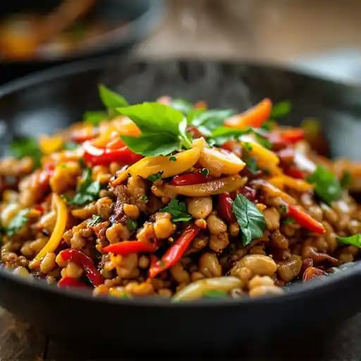 Pad Gra Prow recipe served on a plate, by Sriracha Thai Cuisine Pad Gra Prow recipe served on a plate, by Sriracha Thai Cuisine