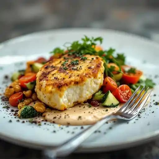 Pan Seared Amberjack Medallions + Cod Cakes recipe served on a plate, by Vista 18 Restaurant + Lounge