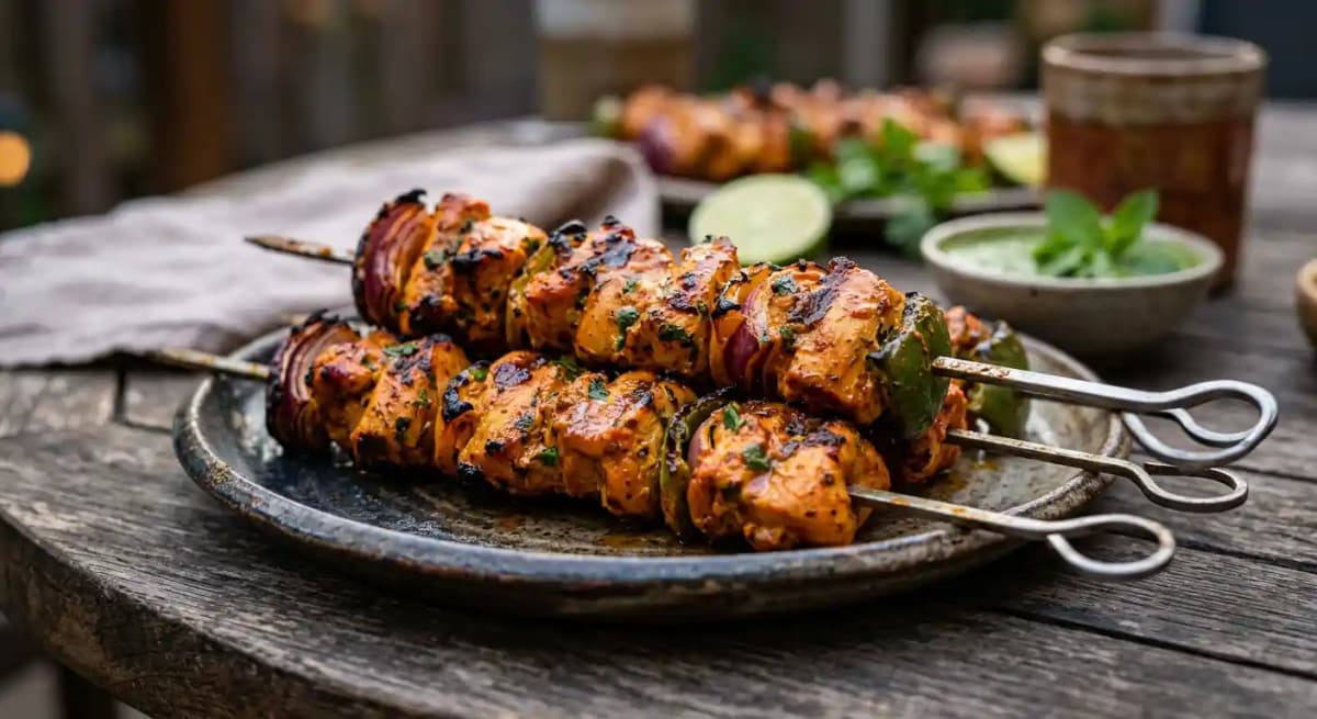 Tandoori Chicken Skewers recipe served on a plate, by Grandma's Kitchen