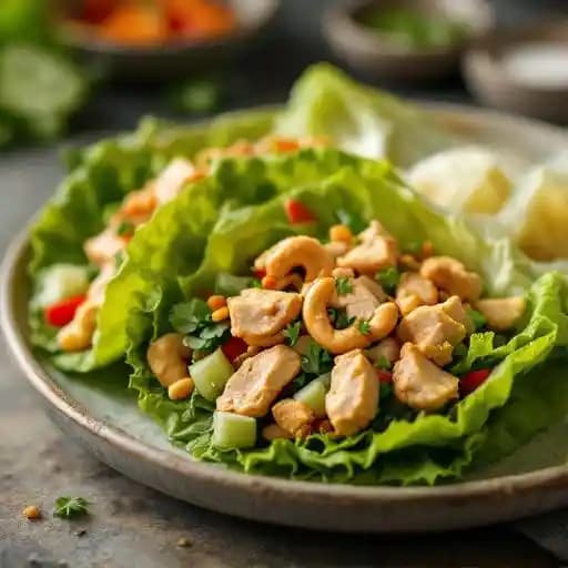 Cashew Chicken Lettuce Wraps M recipe served on a plate, by Moxies Orleans Restaurant